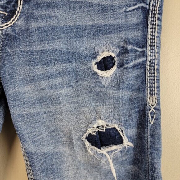 Rock Revival Vitual Pink Mid Rise Straight Patch Distressed Medium Wash Jeans 27 - Picture 8 of 16